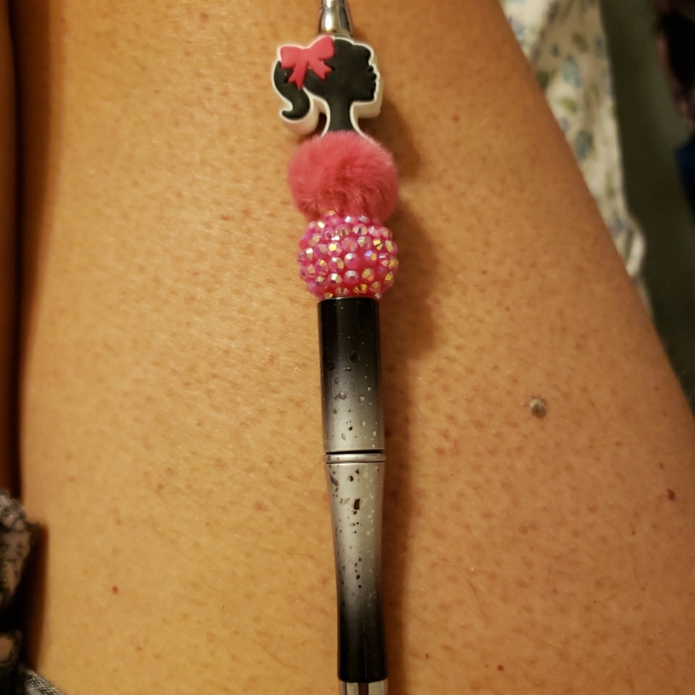 New Handmade Barbie Head Focal Bead Black Beaded Pen